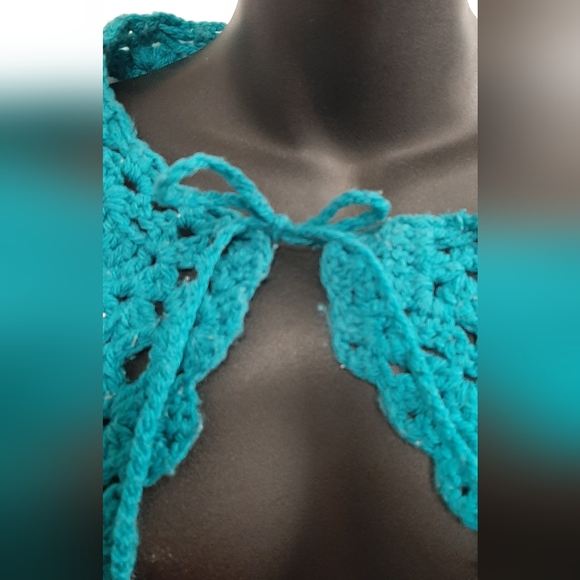 Crochet Hand Knit Granny Shawl Vintage Handmade Teal Blue Wrap With Tie - Picture 3 of 5